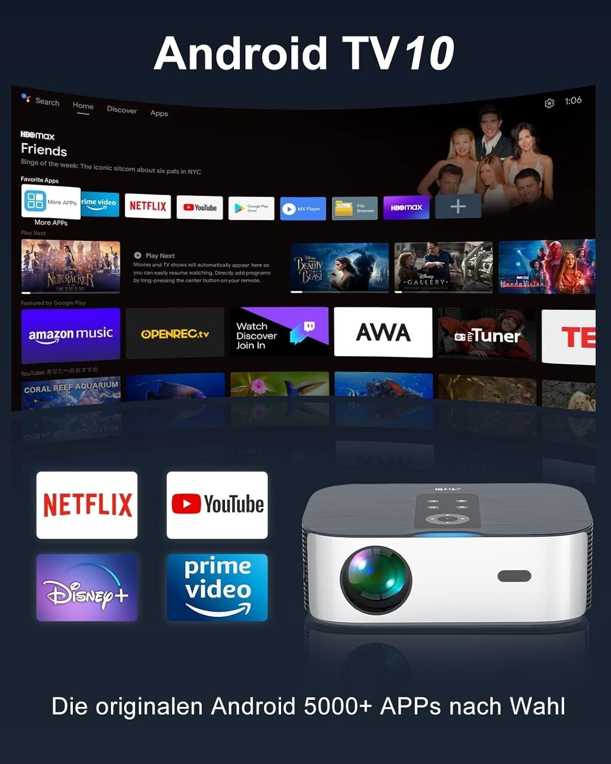 Artlii Play4 Beamer 400 ANSI Android TV Natives 1080P Netflix 4K-Beamer WiFi