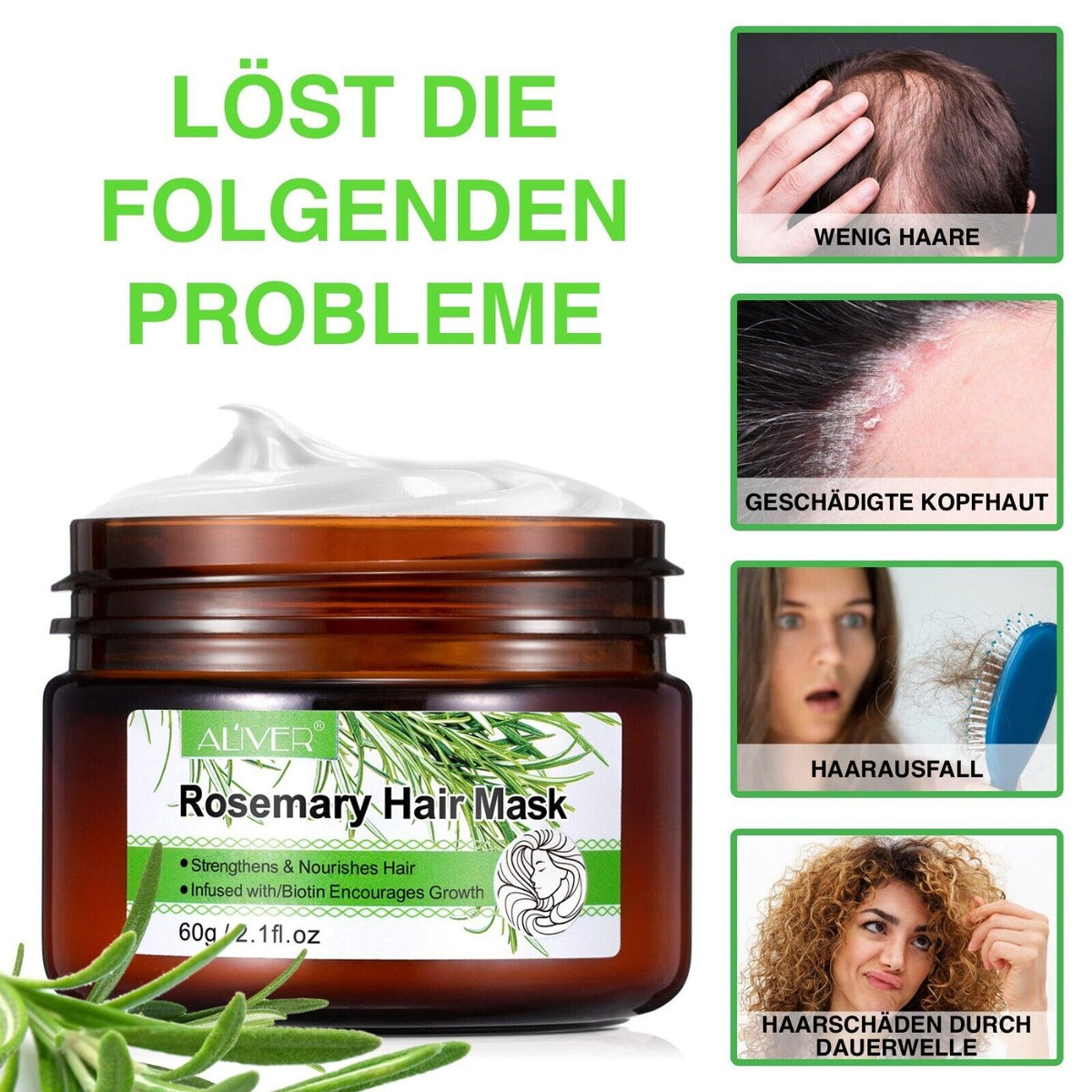 Aliver -Haarmaske mit Rosmarin und Biotin, fördert Haarwachstum und Kopfhautge