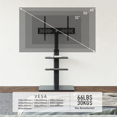 FITUEYES TV-Ständer 3 Ablagen höhenver. schwenkbar für 32-60 Zoll Flach-Curved