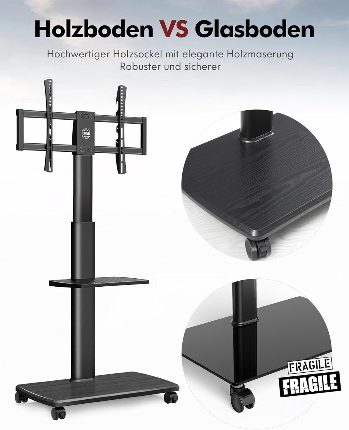 FITUEYES TV Bodenständer Fernsehstand Rollbar 70" Holzablage höhenver, schwenk,