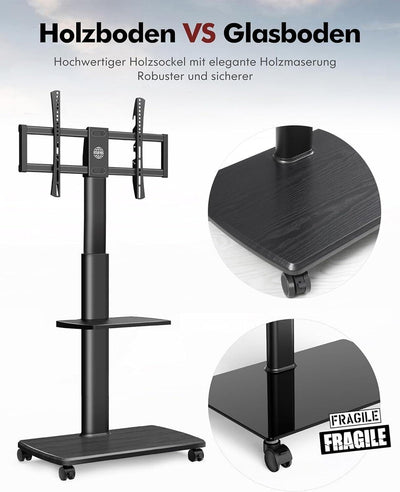 FITUEYES TV Bodenständer Fernsehstand Rollbar 70" Holzablage höhenver, schwenk,