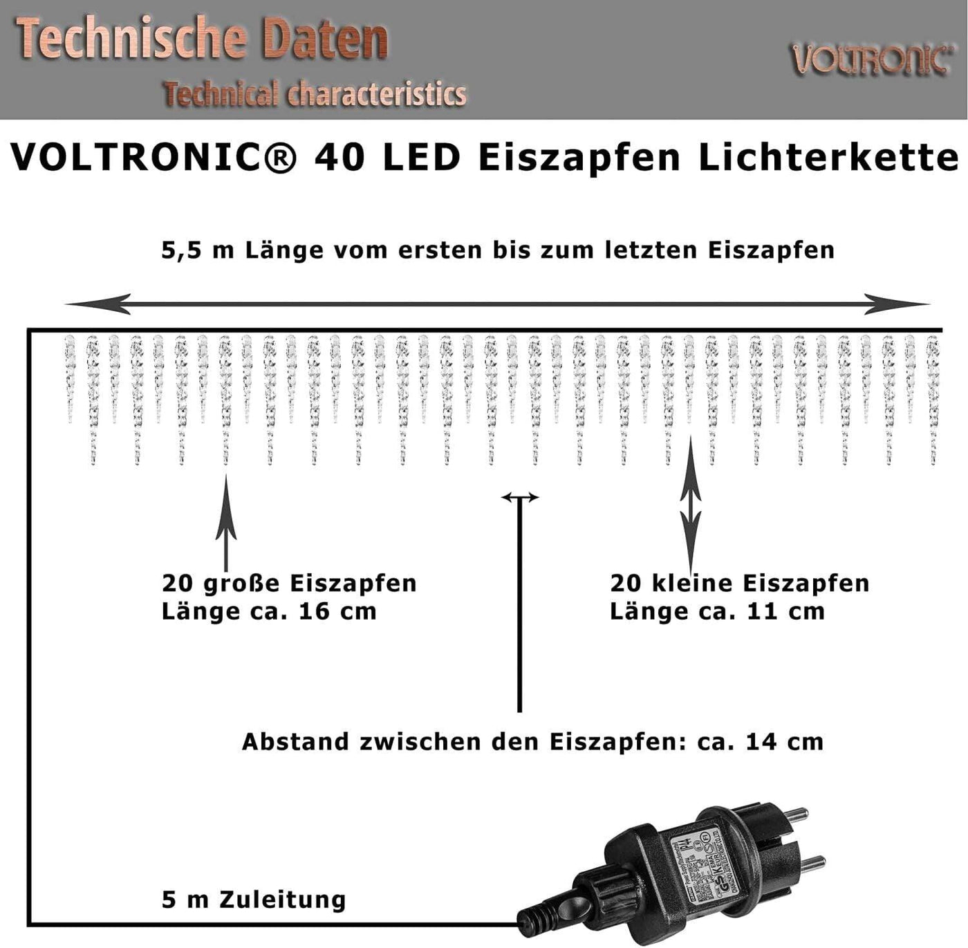 VOLTRONIC 40 LEDs Lichterkette Eiszapfen innen und außen IP44 Weiß