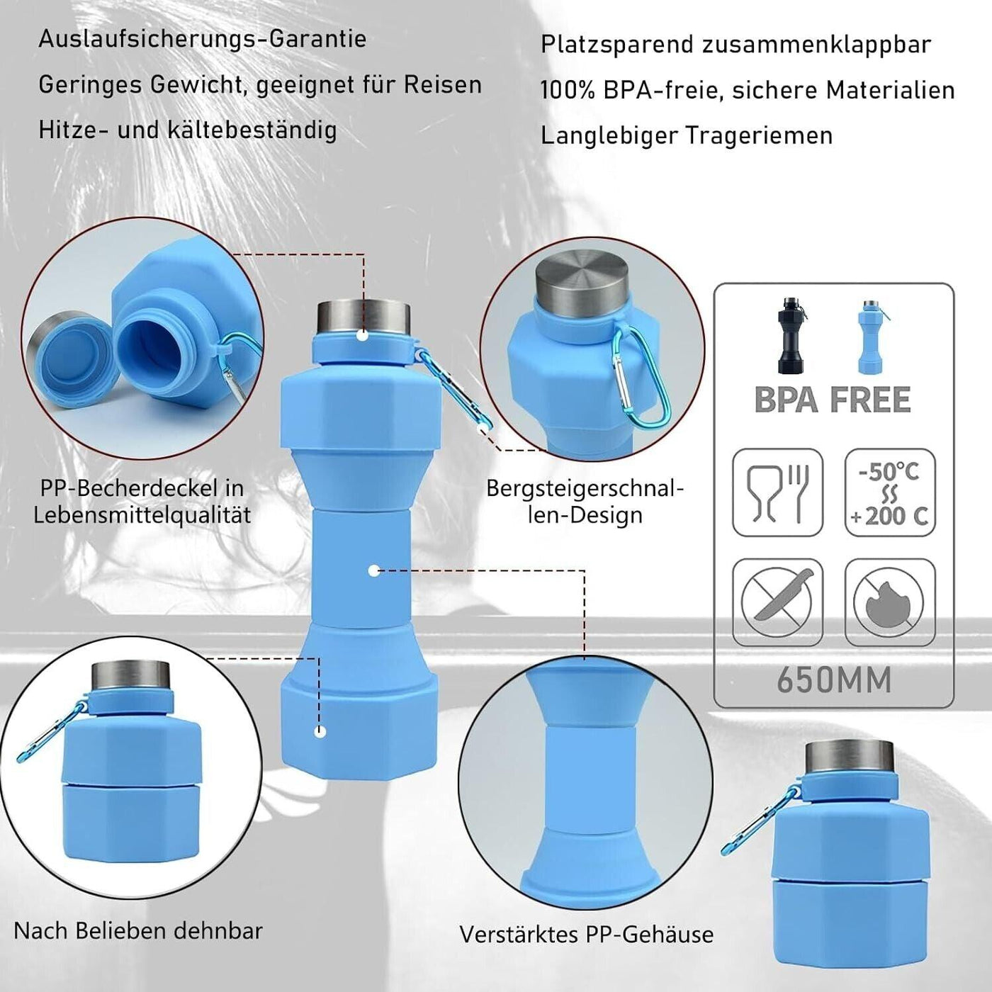 Jullfall Trinkflasche-Faltbare Trinkflasche 650ML Hantel Wasserflasche