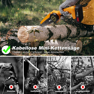 Akku Kettensäge Elektro mit 2 Akkus und Ladegerät 6 Zoll Einhand Kabellos Garten