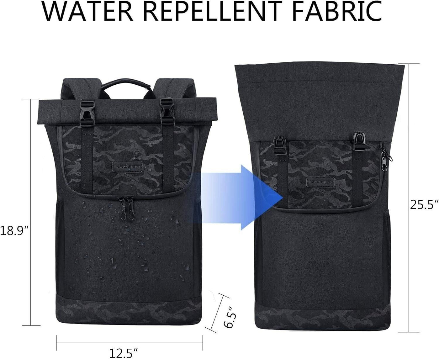 KROSER RollTop Rucksack, Laptop Rucksack 15,6 Zoll, Travel Backpack Wasserdicht