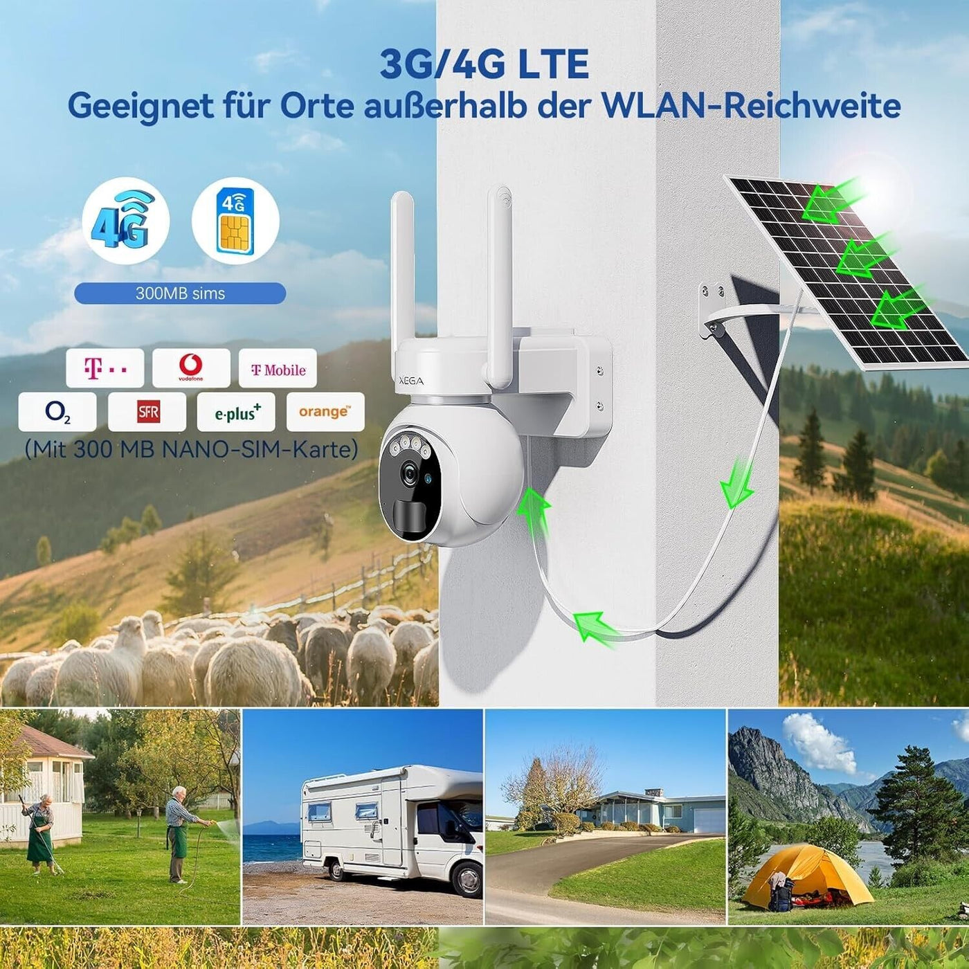 Xega XG-07 - 3G/4G LTE Überwachungskamera Aussen Solar 2K HD 3MP PTZ Kabel (D3)