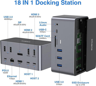 USB-C-Dockingstation, 18-in-1-Dockingstation für vier Displays mit SSD-Gehäuse,