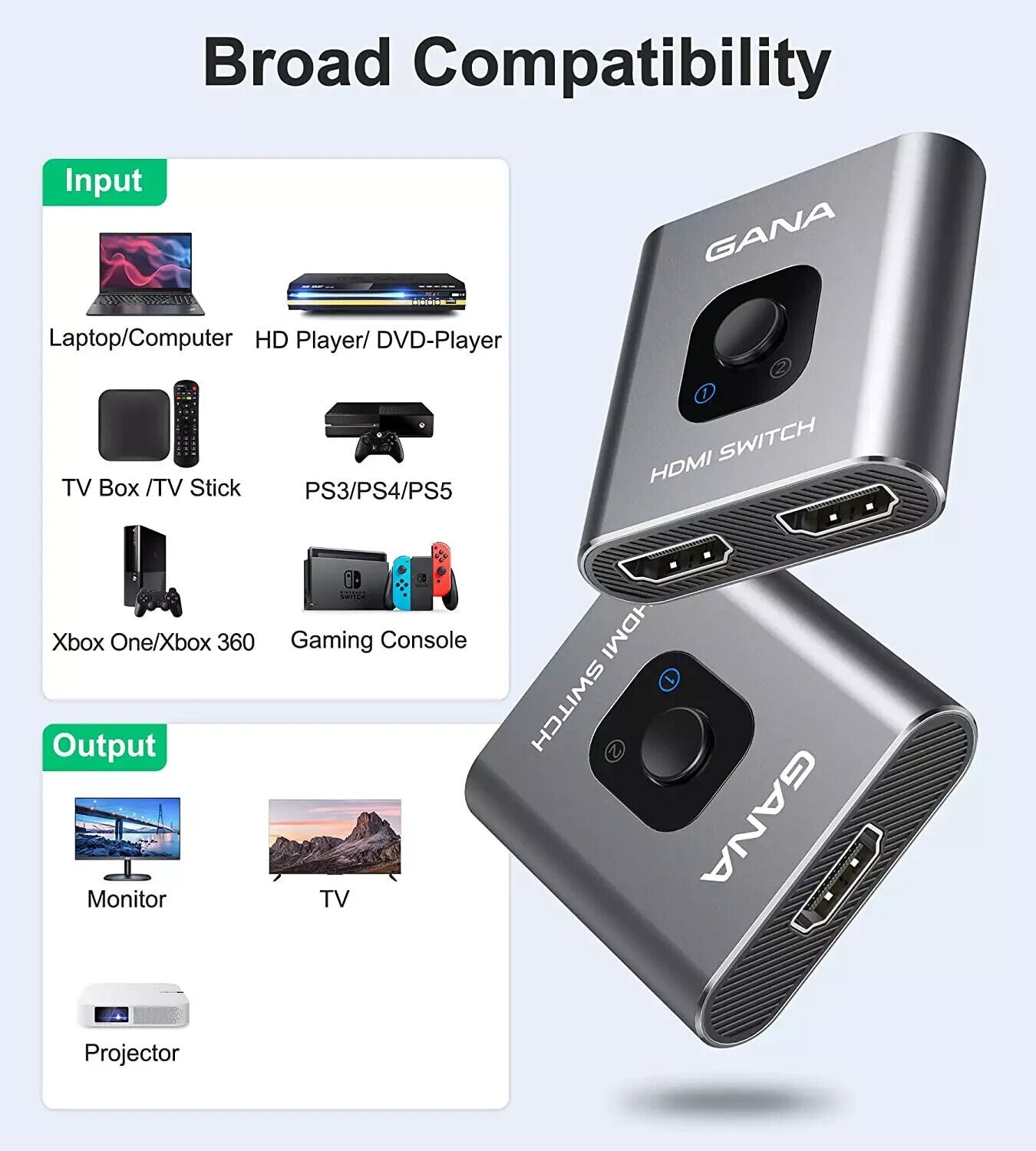 Gana HDMI Splitter HDMI Switch 4K@60Hz Aluminium Bidirektional HDMI Switch 2 in