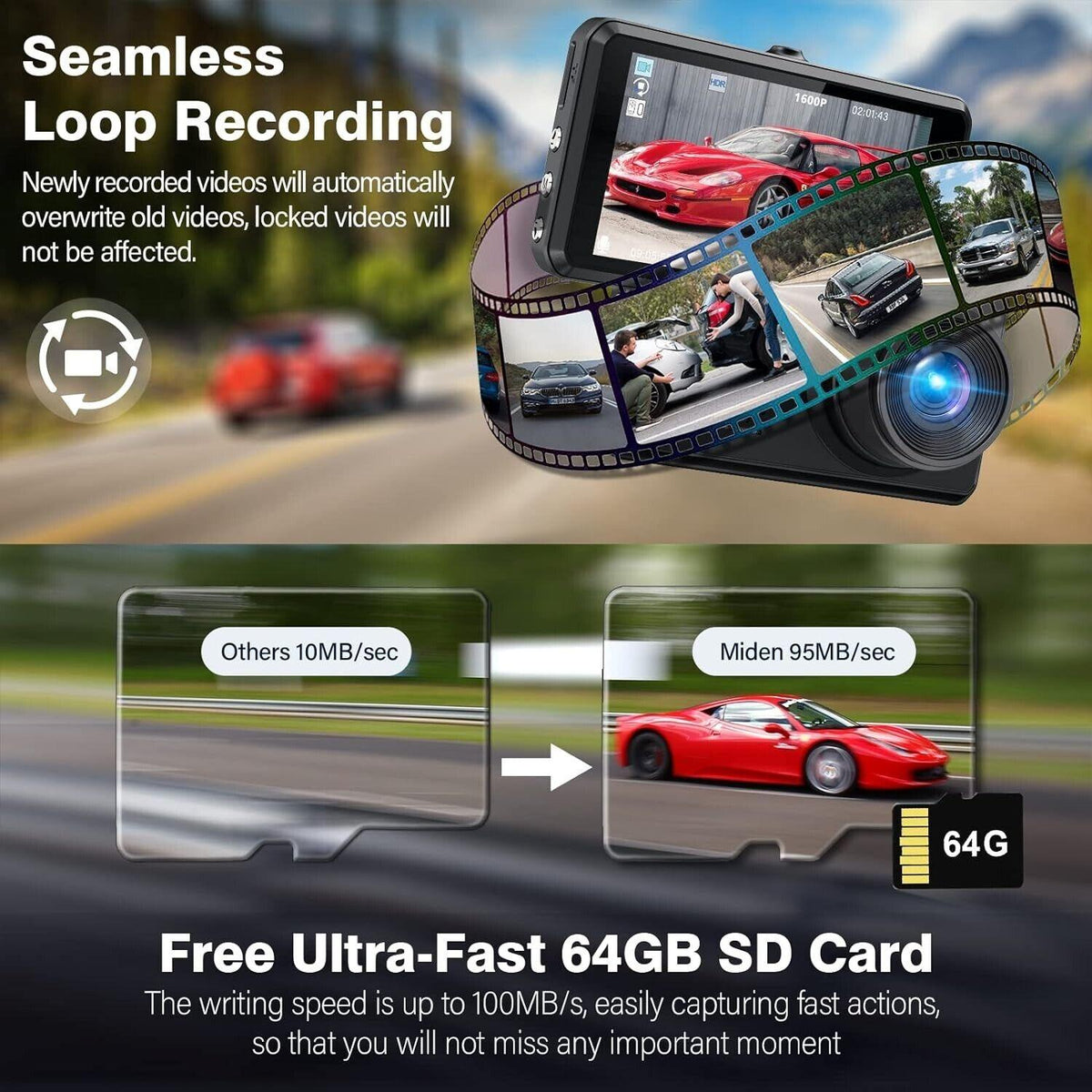 Miden S7 -  2,5K Dashcam vorne und hinten, 64G SD-Karte, 1600P+1080P FHD