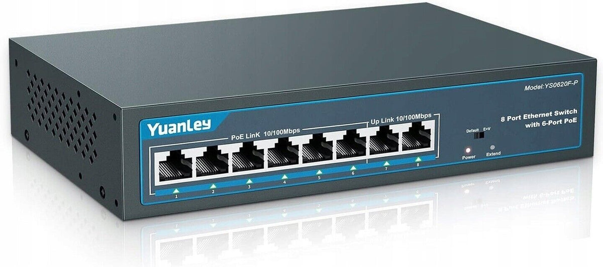 YuanLey 6-Port-PoE-Switch mit 2 Ethernet-Uplinks, 6 PoE+-Ports 100 Mbit/s, 7(F1)