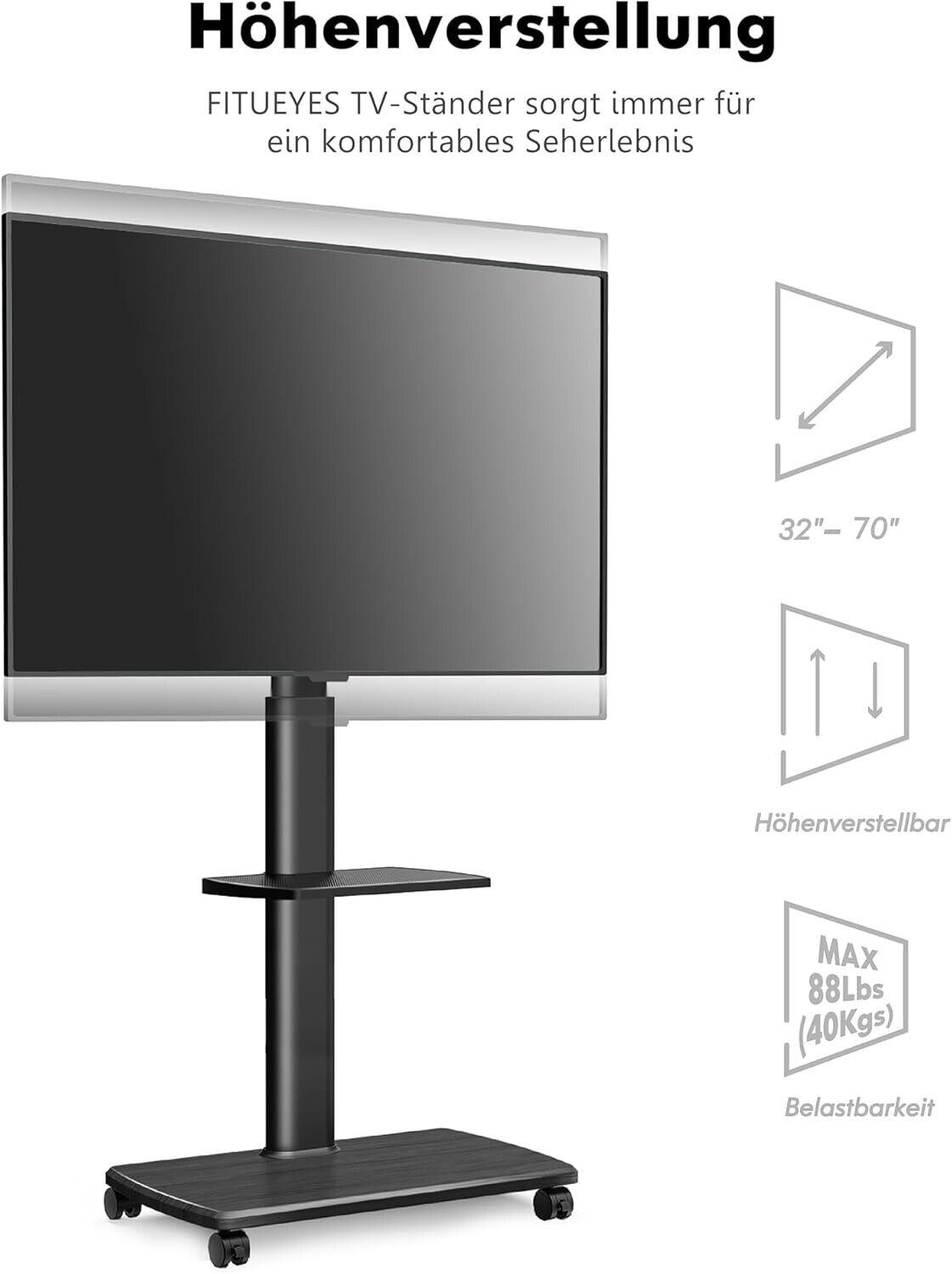 FITUEYES TV Bodenständer Fernsehstand Rollbar 70" Holzablage höhenver, schwenk,