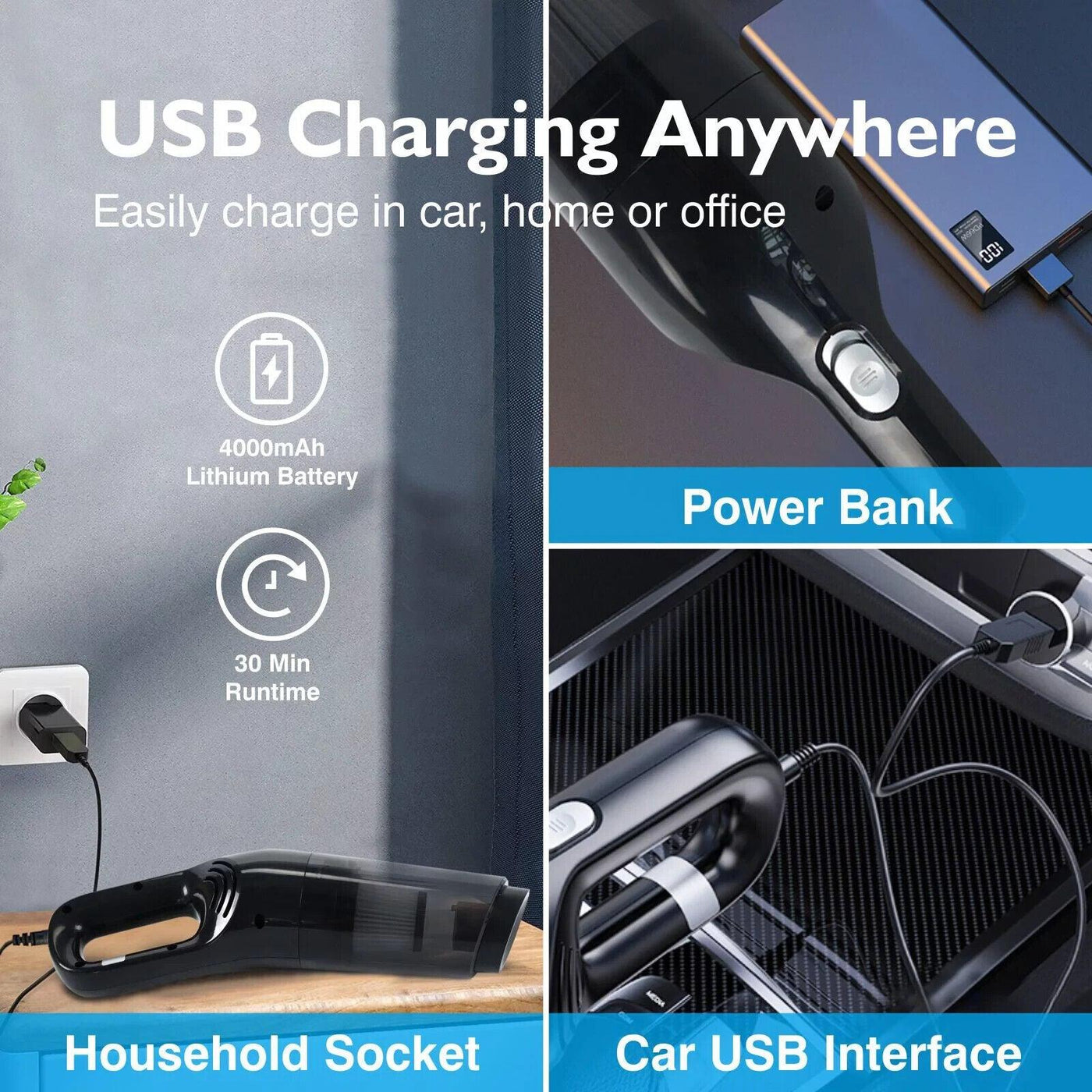 MOCA Kabelloser Handstaubsauger fürs Auto, über USB wiederaufladbar, fürs Auto,