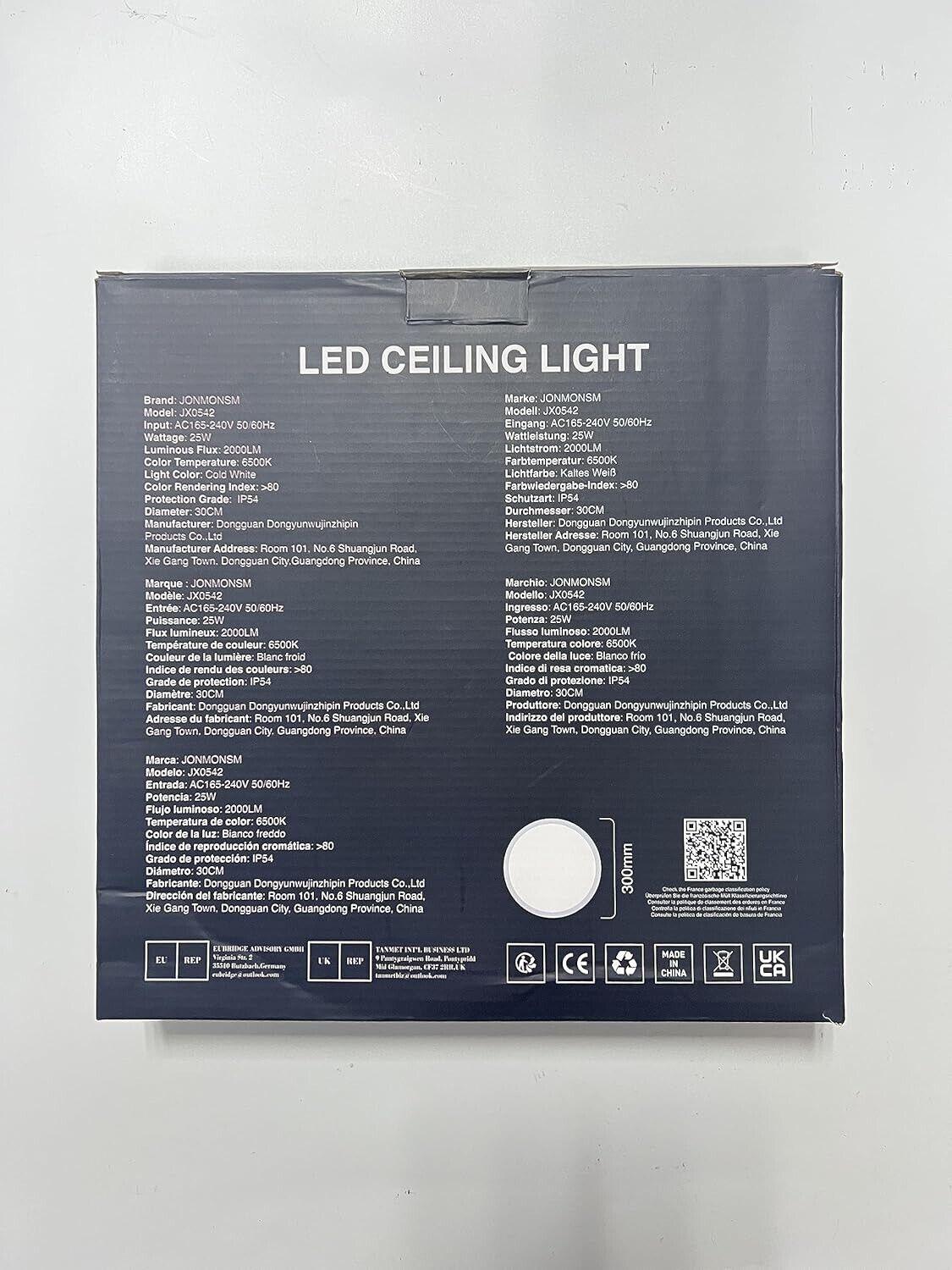 JONMONSM Led Deckenleuchte Flach 25W IP54 Wasserfest, Ø30cm 2000LM 6500k Rund