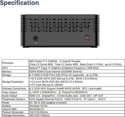 MINIS FORUM Mini-PC AMD Ryzen 5 3400GE | 16 GB RAM 512 GB M.2 SSD | Radeon