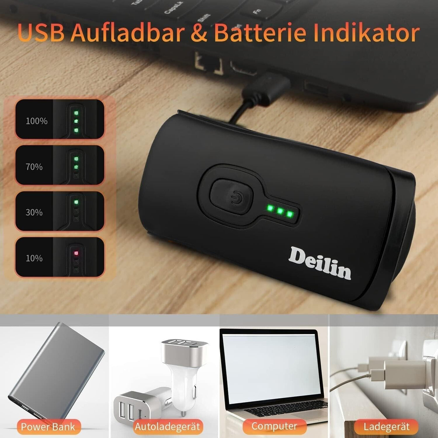 Deilin Fahrradlicht Set USB Aufladbar, IPX5 Wasserdicht Fahrradlicht