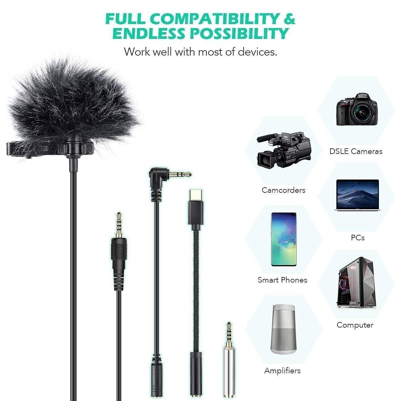 AGPTEK Lavalier Mikrofon, 2m Mini Kondensator, Type C Adapter PC Handy Kamera