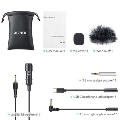 AGPTEK Lavalier Mikrofon, 2m Mini Kondensator, Type C Adapter PC Handy Kamera