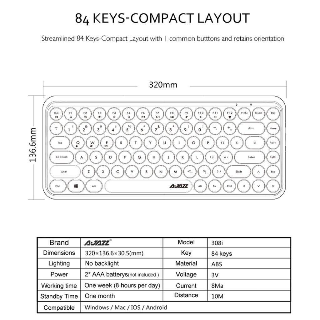 Ajazz 308i Wireless Bluetooth Keyboard Portable 84 Keys Retro Round Keycaps