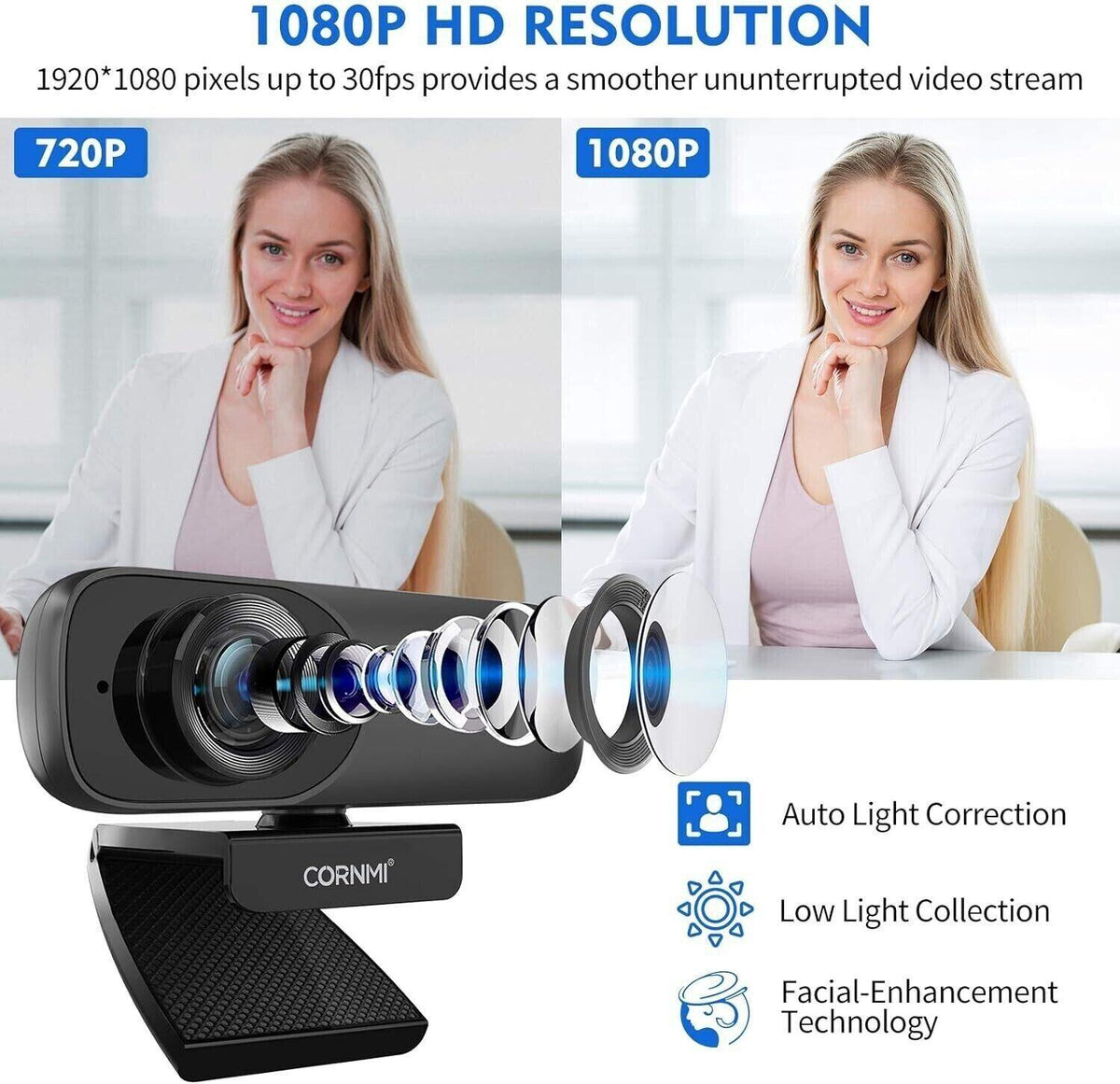 CORNMI Webcam 1080P Full HD mit Stereo-Mikrofon, Streaming Webkamera für Videoch