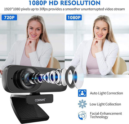 CORNMI Webcam 1080P Full HD mit Stereo-Mikrofon, Streaming Webkamera für Videoch