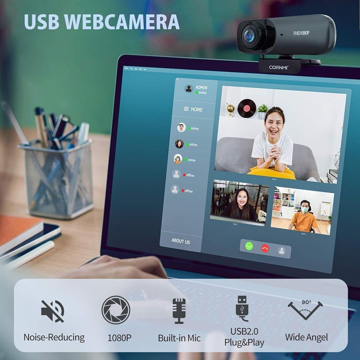CORNMI Webcam 1080P Full HD mit Stereo-Mikrofon, Streaming Webkamera für Videoch