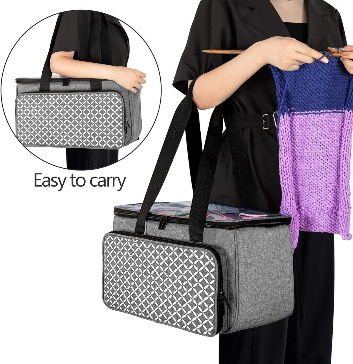 YARWO Strickgarntasche, Häkeltasche mit Tasche für WIP-Projekte, Stricknadeln (b