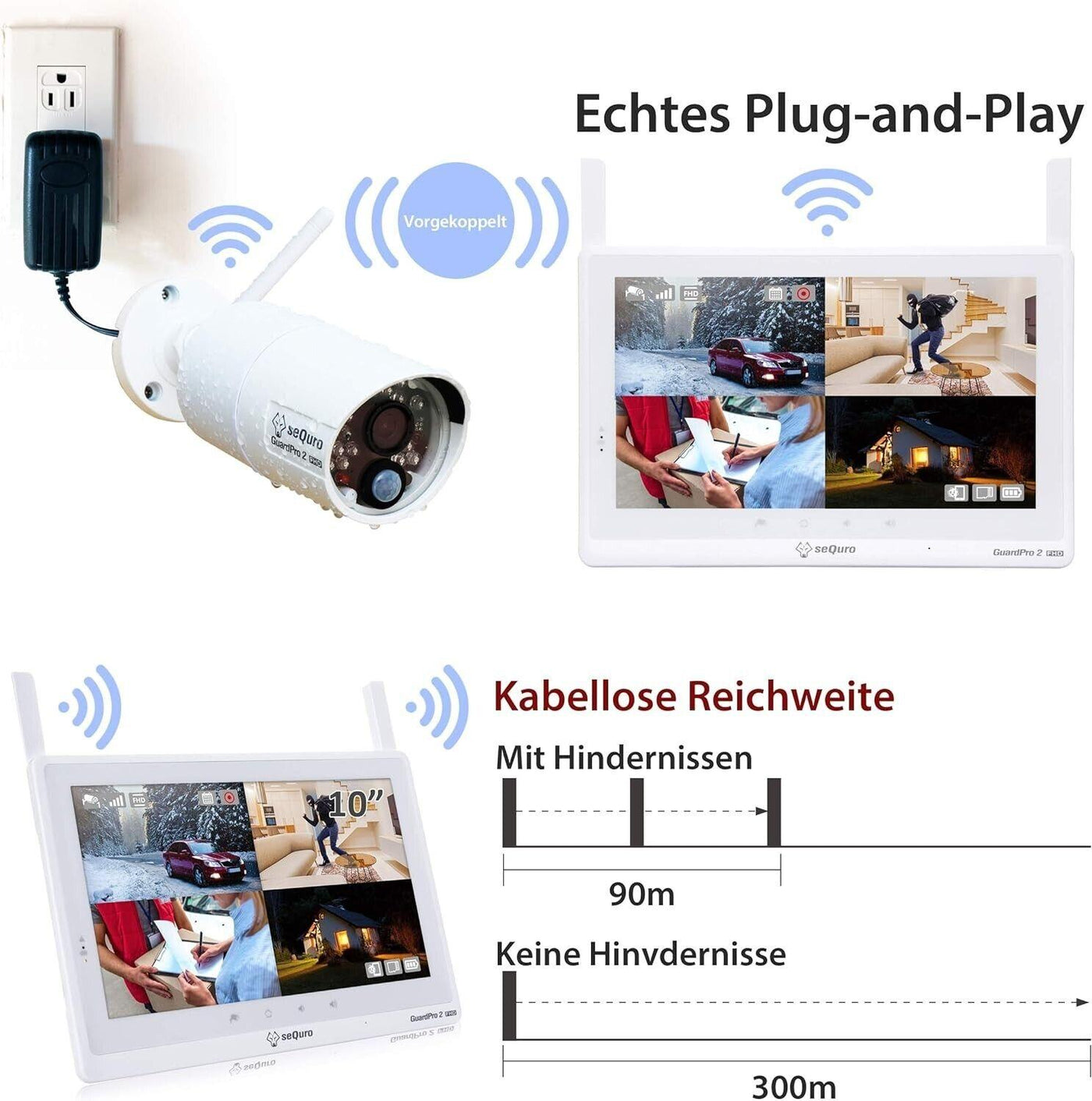 sequro GuardPro2 Plus 1080p DIY drahtloses Videoüberwachungssystem mit großer Re