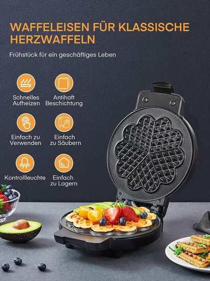 FOHERE Waffeleisen Herzform, 900 W, Waffelmaker mit Antihaftbeschichtung, Waffel