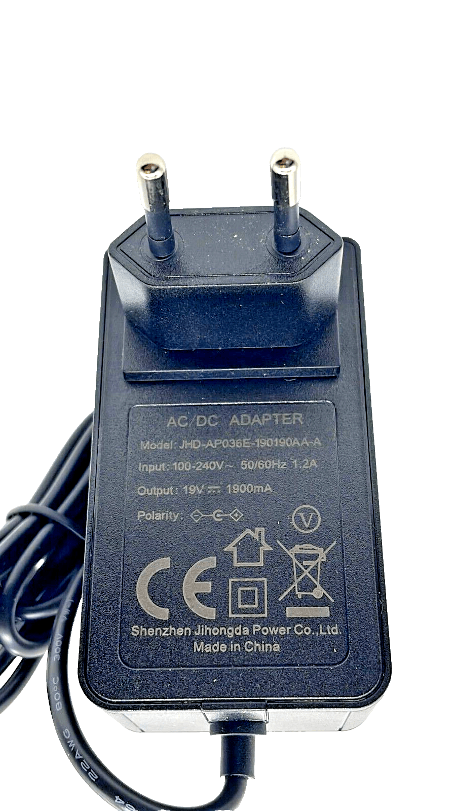 AC/DC ADAPTER Model: JHD-AP036E-190190AA-A Input: 100-240V ~ 50/60Hz 1.2A Output