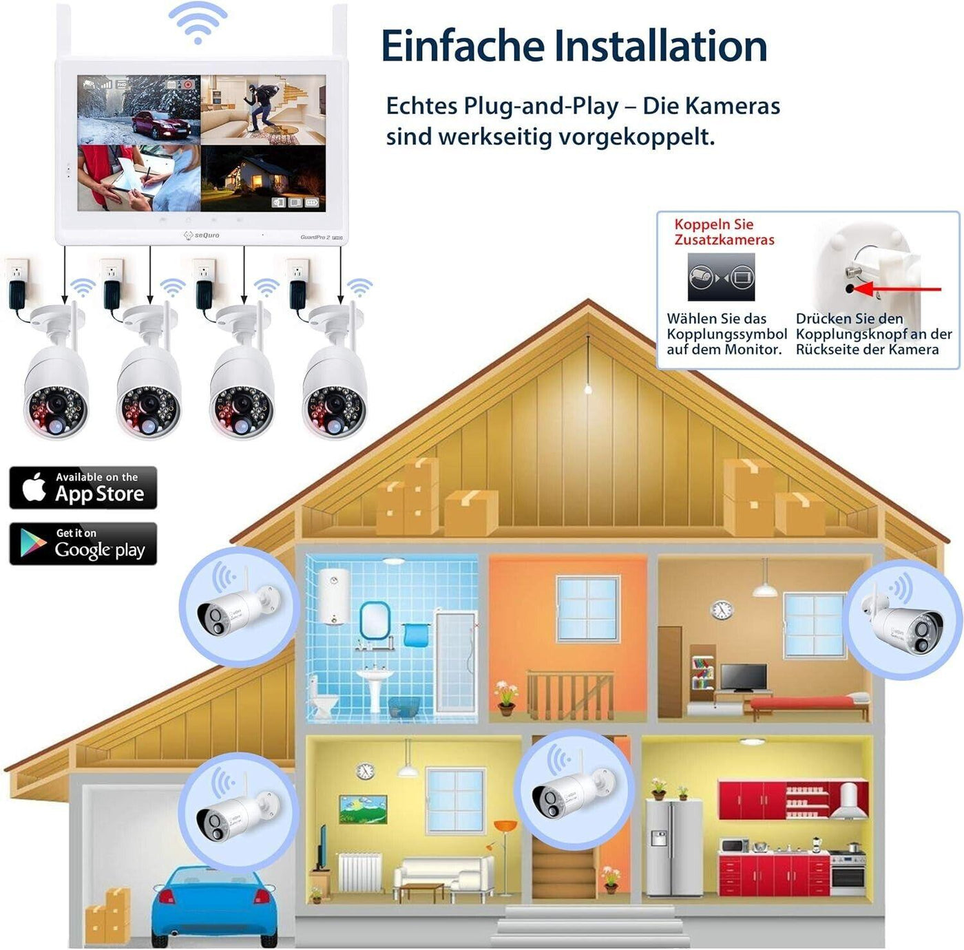 sequro GuardPro2 Plus 1080p DIY drahtloses Videoüberwachungssystem mit großer Re