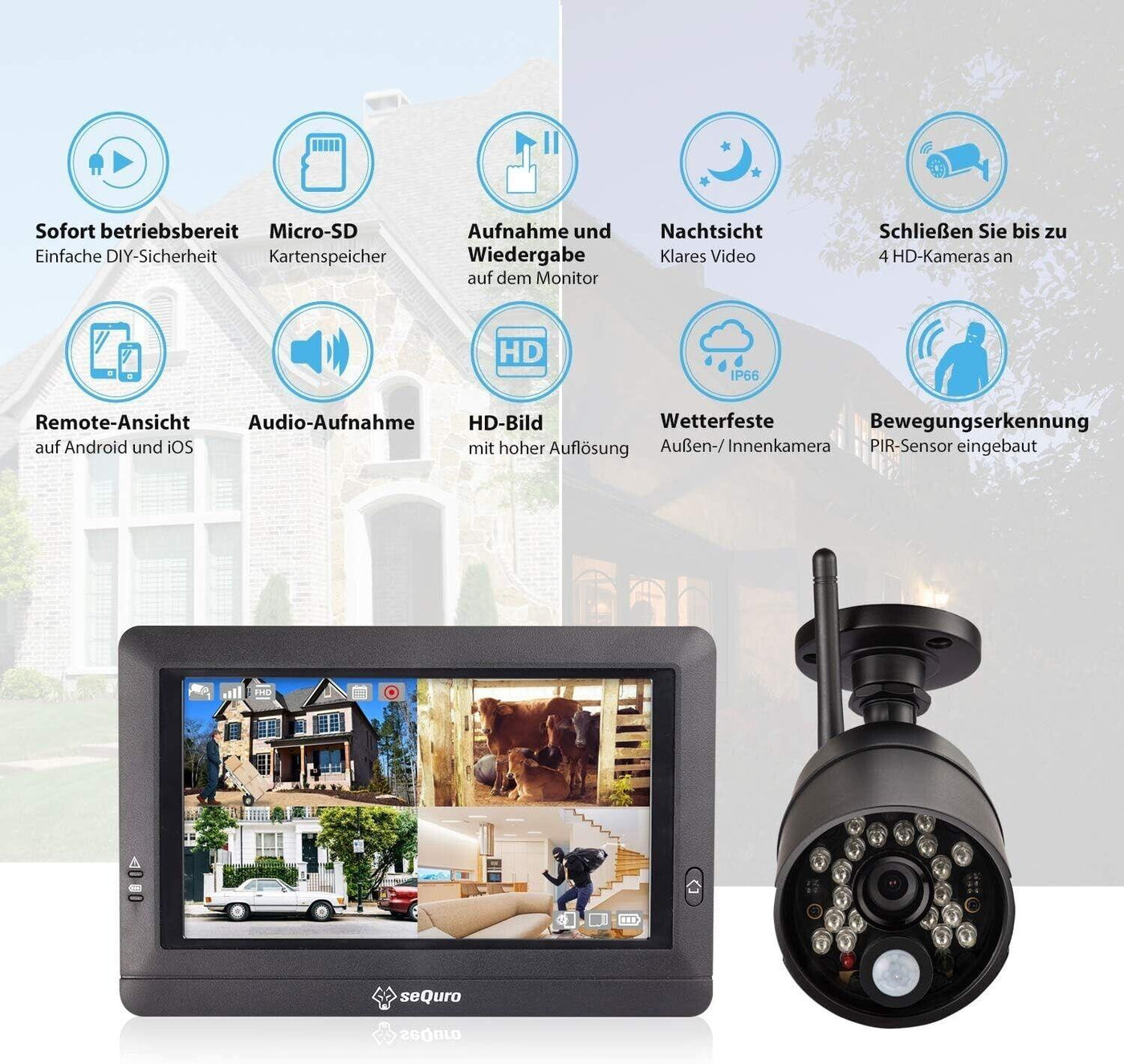 SEQURO Guardpro -  Überwachungssysteme 720p HD mit 7 Zoll Monitor und 1 Kamera,