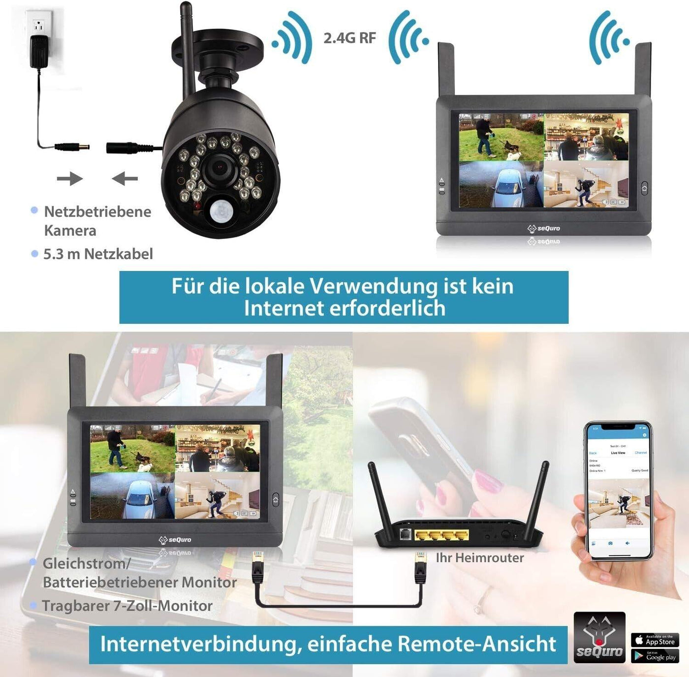 SEQURO Guardpro -  Überwachungssysteme 720p HD mit 7 Zoll Monitor und 1 Kamera,