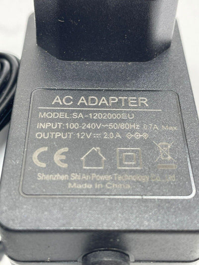AC/ADAPT- SA-120200020 INPUT: 100-240V 50/60H2-07A Max OUTPUT: 12V = 2.0 A. 0-GA