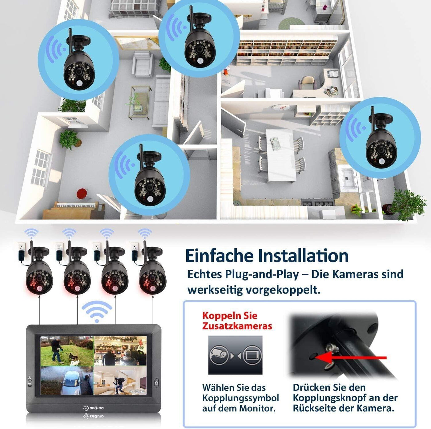 SEQURO Guardpro -  Überwachungssysteme 720p HD mit 7 Zoll Monitor und 1 Kamera,