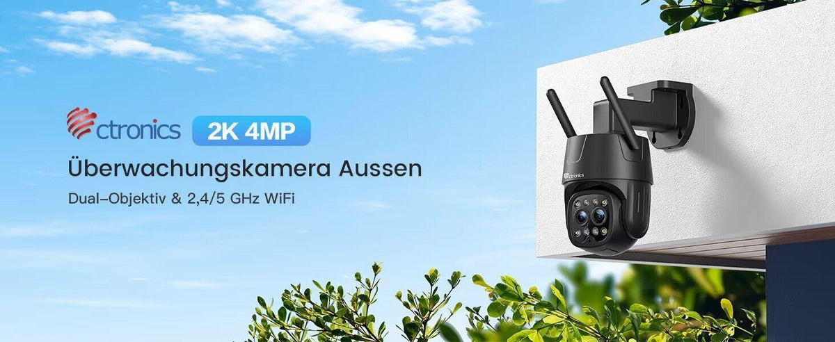 Ctronics 2K 4MP Überwachungskamera Aussen WLAN 2,4GHz/5GHz mit Dual-Objektiv, 6X