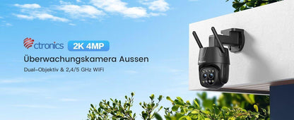 Ctronics 2K 4MP Überwachungskamera Aussen WLAN 2,4GHz/5GHz mit Dual-Objektiv, 6X